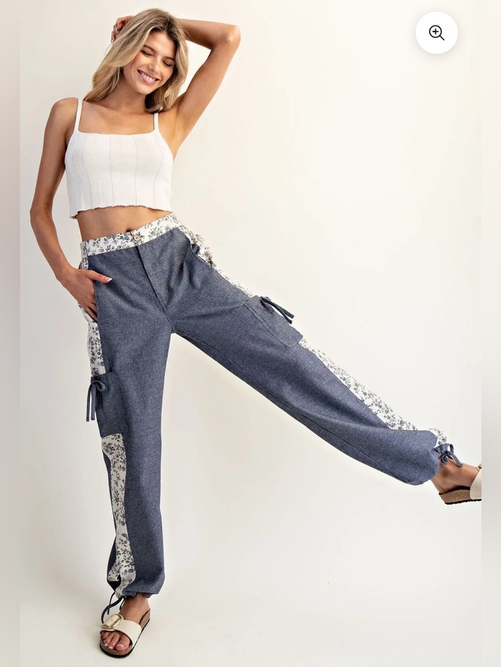 ee:Some Pinstripe & Floral Color Block Pants in Denim Blossom(S)